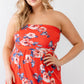 Plus Red Rose Print Ruched Strapless Midi Dress