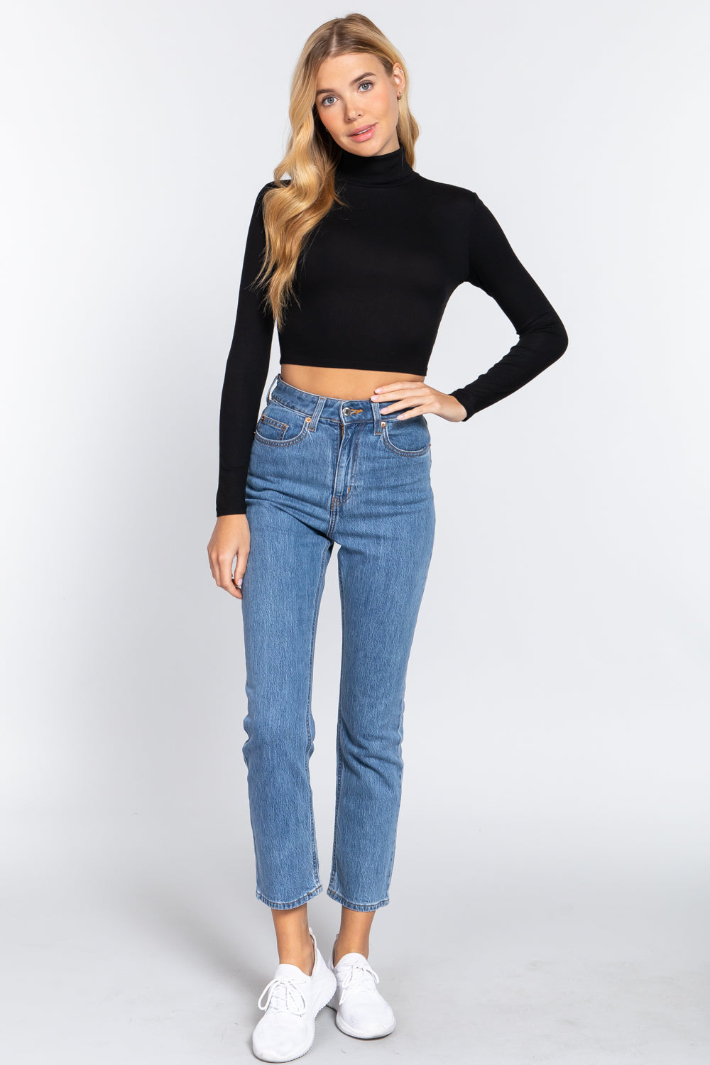 Long Slv Turtle Neck Rib Crop Knit Top