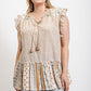 Woven Prints Mixed And Sleeveless Flutter Top With Tassel Tie