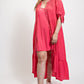 Solid Textured Button Down And Hi - Low Hem Maxi Dress With Tie Sleeve And Slip Dress