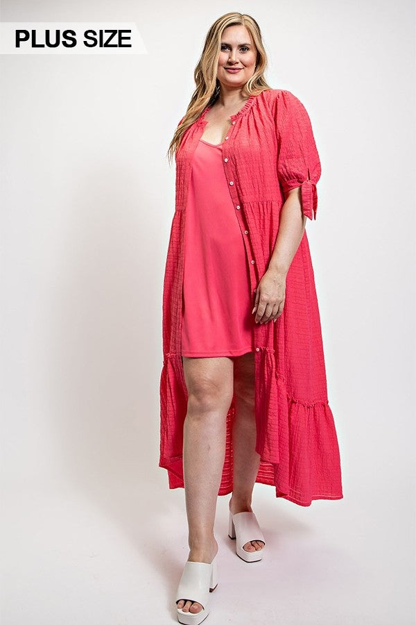 Solid Textured Button Down And Hi - Low Hem Maxi Dress With Tie Sleeve And Slip Dress