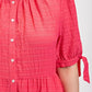 Solid Textured Button Down And Hi - Low Hem Maxi Dress With Tie Sleeve And Slip Dress