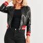 Black & Red Ribbed Vegan Leather Bomber Jacket