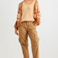 Camel Striped Crochet Knit Two Pocket Open Front Cardigan