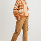 Camel Striped Crochet Knit Two Pocket Open Front Cardigan