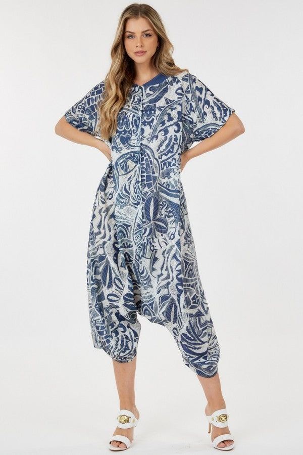 Loose Round Neck Print Onesie-like Jumpsuit