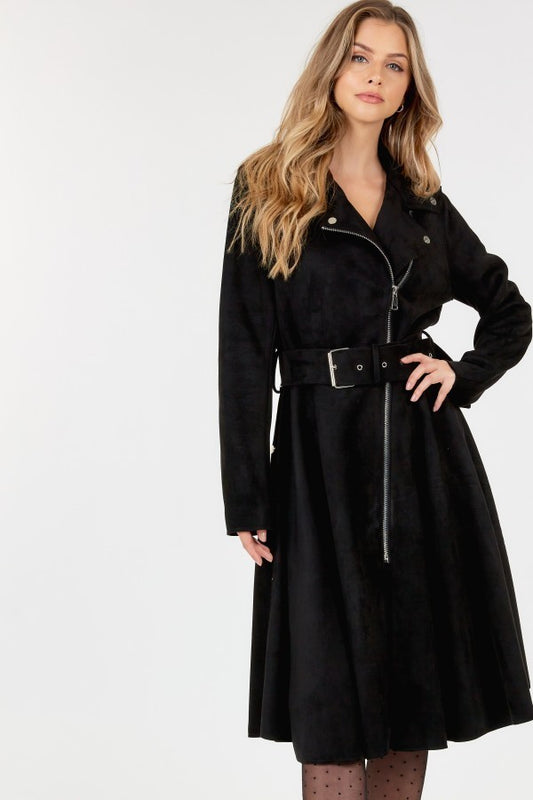 Waist Belt Tacked Faux Suede Coat Solid Coat