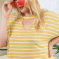 Drop Shoulder Roll Up Short Sleeve Choker Neck Stripe Print Top