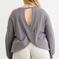 Plus Vintage Denim Waffle Knit Long Sleeve Crossover Back Cut-out Top