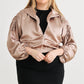 Plus Satin Zip-up Ruched Long Sleeve Cropped Bomber Jacket