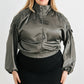 Plus Satin Zip-up Ruched Long Sleeve Cropped Bomber Jacket