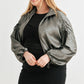 Plus Satin Zip-up Ruched Long Sleeve Cropped Bomber Jacket