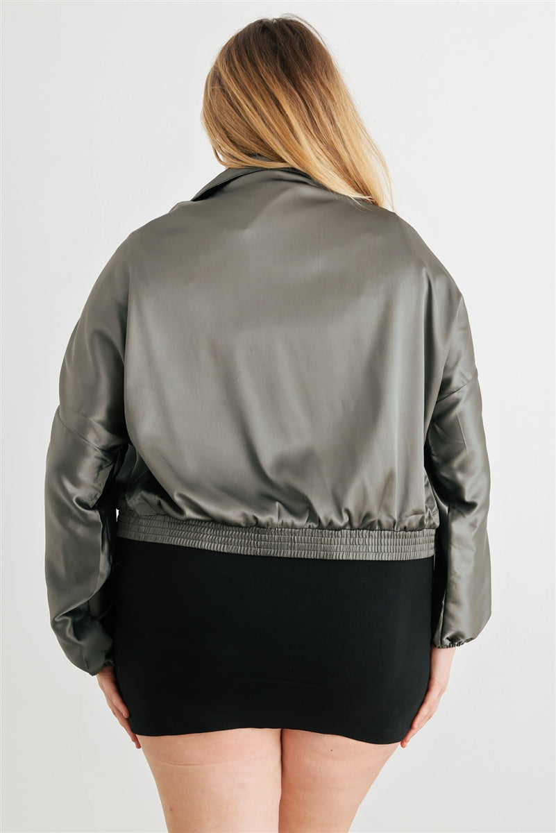 Plus Satin Zip-up Ruched Long Sleeve Cropped Bomber Jacket