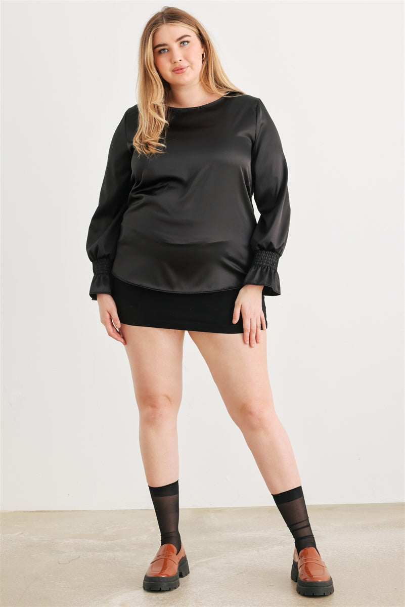 Plus Black Satin Balloon Puff Long Sleeve Top