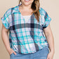 Plus Size Multi Colored Check Printed Casual Collared Short Sleeve Top