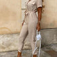 Women's Casual Lapel Buttoned Belt Cargo Jumpsuit